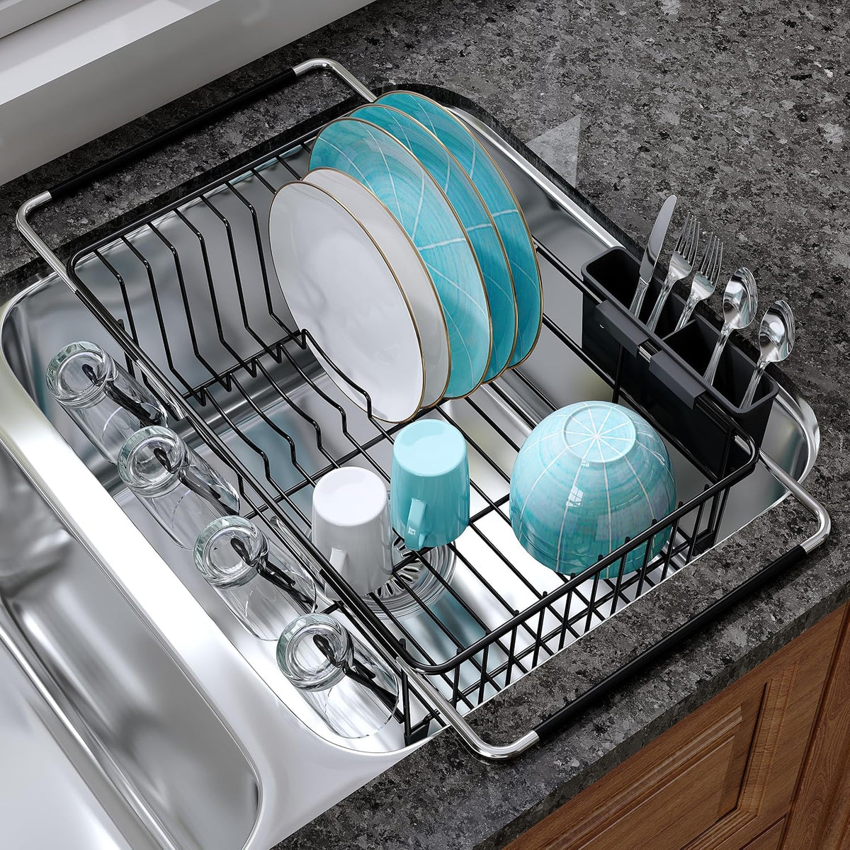 JASIWAY Dish Drying Rack in Sink, Dish Drainer with Cup and Utensil Holder