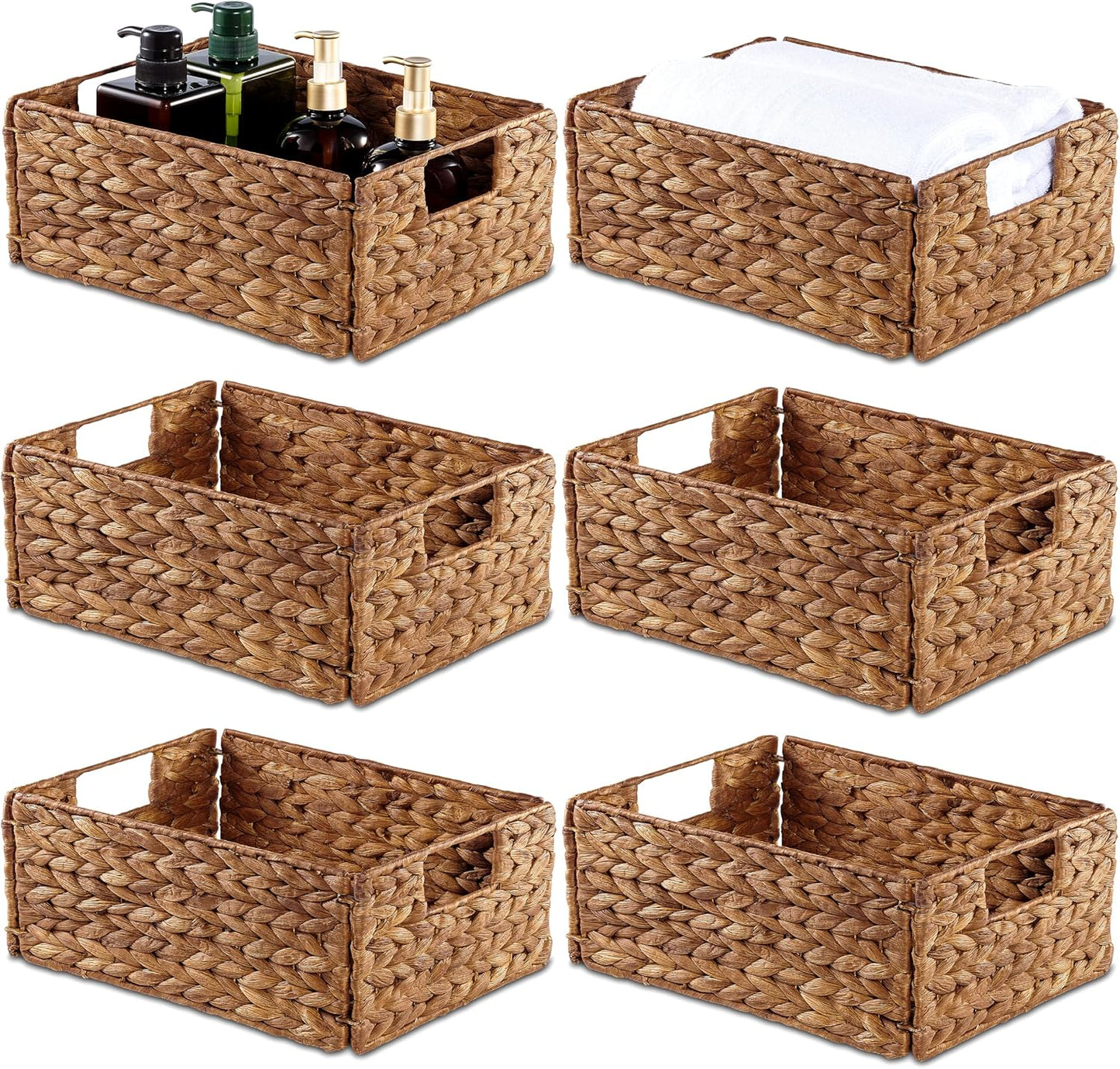 BLUEWEST Water Hyacinth Storage Baskets (Set of 6) – Woven Hyacinth Organizer with Carrying Handles, Laundry Basket for Organizing, Rattan Bin for Shelves