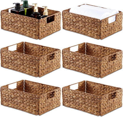 BLUEWEST Water Hyacinth Storage Baskets (Set of 6) – Woven Hyacinth Organizer with Carrying Handles, Laundry Basket for Organizing, Rattan Bin for Shelves