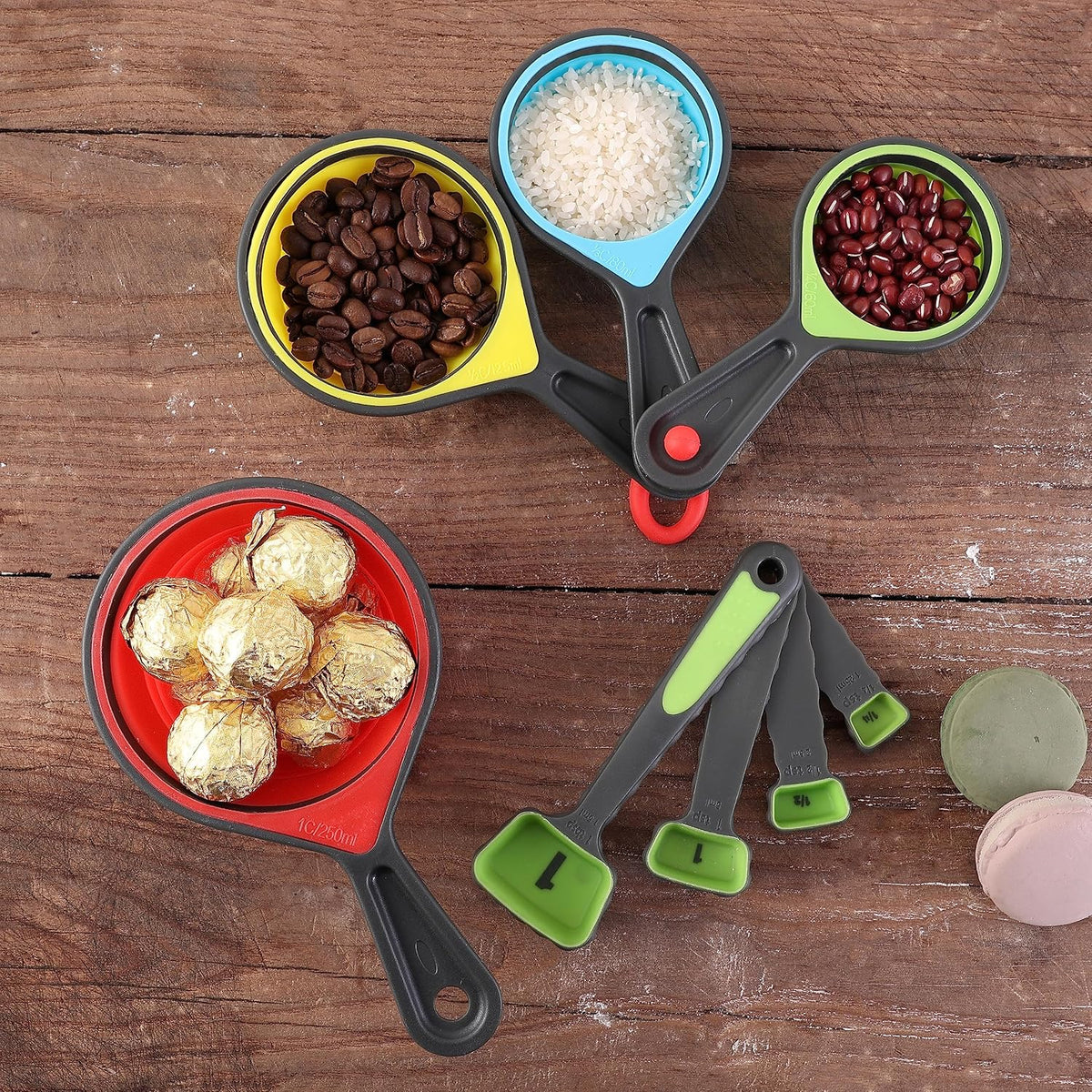Collapsible Colander Set - 2 Pc Strainer Plus Food Grade Silicone Measuring Cups and Spoons - Pasta Strainer for Draining, Vegetables, Fruits 1 Medium 4-Quart & 1 Small 2-Quart - Home Essentials