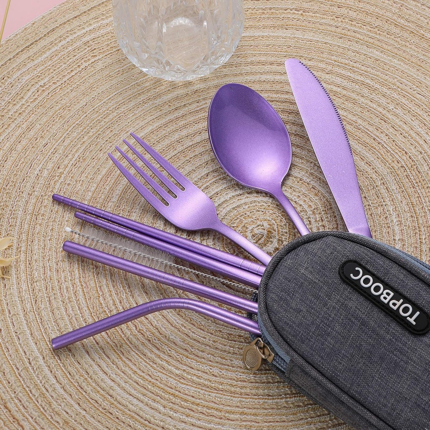 Portable Stainless Steel Flatware Set, Travel Camping Cutlery Set, Portable Utensil Travel Silverware Dinnerware Set with a Waterproof Case (Pink)