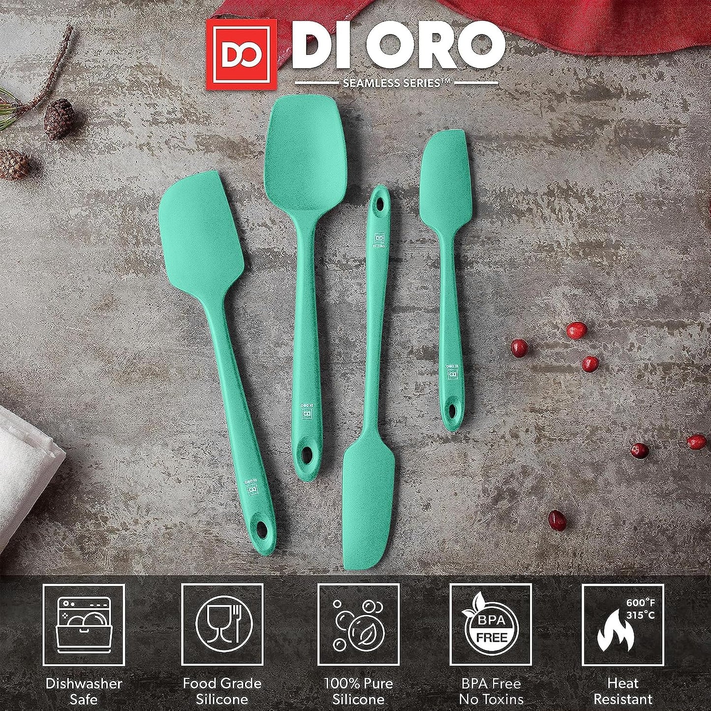 DI ORO Silicone Spatula Set - Rubber Kitchen Spatulas for Baking, Cooking, & Mixing - 600°F Heat-Resistant & BPA Free Silicone Scraper Spatulas for Nonstick Cookware - Dishwasher Safe (4pc, Black)