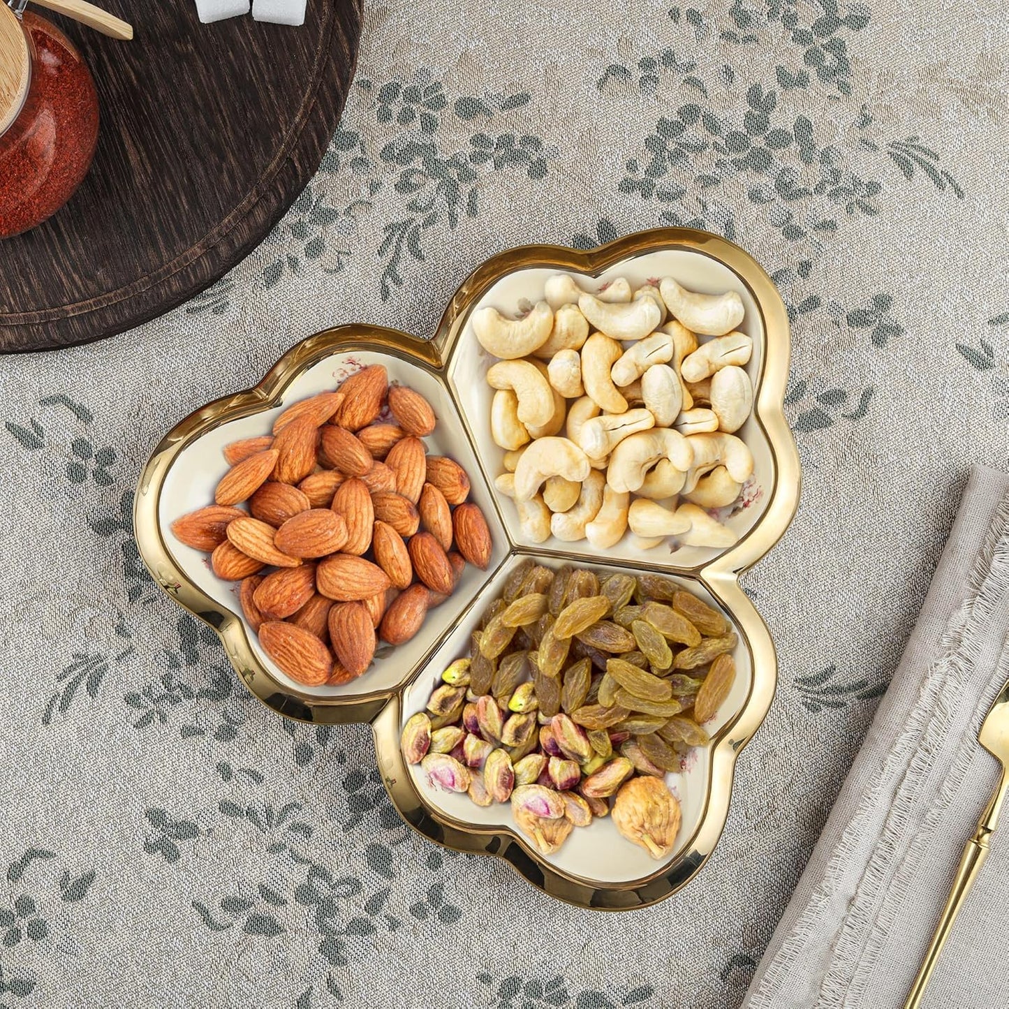 fanquare 3 Compartment Platter, Gold Porcelain Appetizer Serving Tray, Floral Ceramic Divided Serving Plate for Fruit, Candy, Nuts