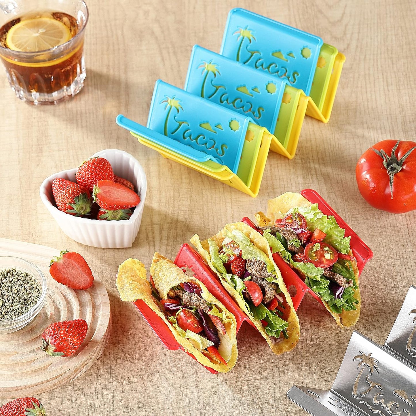 6PCS Taco Holder Stands with Unique Island Pattern, Colorful Premium Large Taco Holders Set of 6, Taco Stands for 3 Tacos, Street Taco Rack, PP Material, Dishwasher & Microwave Safe, Taco Tuesday