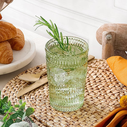 Kate Aspen Vintage Textured Aqua Blue Striped Drinking Glasses Set of 6-13 oz Ribbed Glassware with Flower Design | Cocktail Set, Juice Glass, Water Tumbler