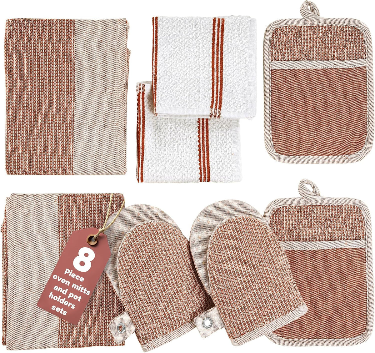 Casa Platino Potholders for Kitchens, 8-Piece – 500°F Heat Resistant Oven Mitts and Pot Holders, Mini Oven Mitt with Silicone Grip, 2 Kitchen Towels & 2 Dish Cloths – Durable & Non-Slip – Canyon Rose