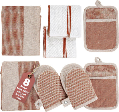 Casa Platino Potholders for Kitchens, 8-Piece – 500°F Heat Resistant Oven Mitts and Pot Holders, Mini Oven Mitt with Silicone Grip, 2 Kitchen Towels & 2 Dish Cloths – Durable & Non-Slip – Canyon Rose