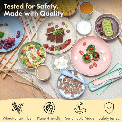 FOODLE Wheat Straw Dinnerware Set - BPA Free & Safety Tested - Microwave & Dishwasher Safe Dishes - Perfect for Camping, Picnic, RV, Dorm - Plates, Cups and Bowls - Great for Kids & Adults - For 4
