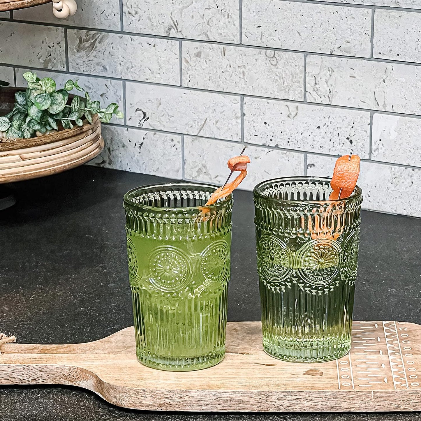 Kate Aspen Vintage Textured Aqua Blue Striped Drinking Glasses Set of 6-13 oz Ribbed Glassware with Flower Design | Cocktail Set, Juice Glass, Water Tumbler