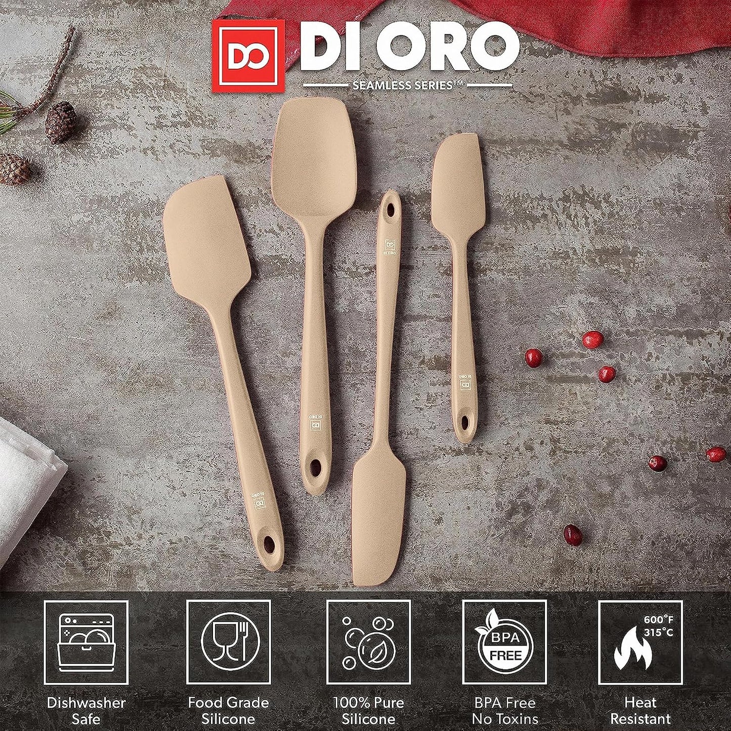 DI ORO Silicone Spatula Set - Rubber Kitchen Spatulas for Baking, Cooking, & Mixing - 600°F Heat-Resistant & BPA Free Silicone Scraper Spatulas for Nonstick Cookware - Dishwasher Safe (4pc, Black)