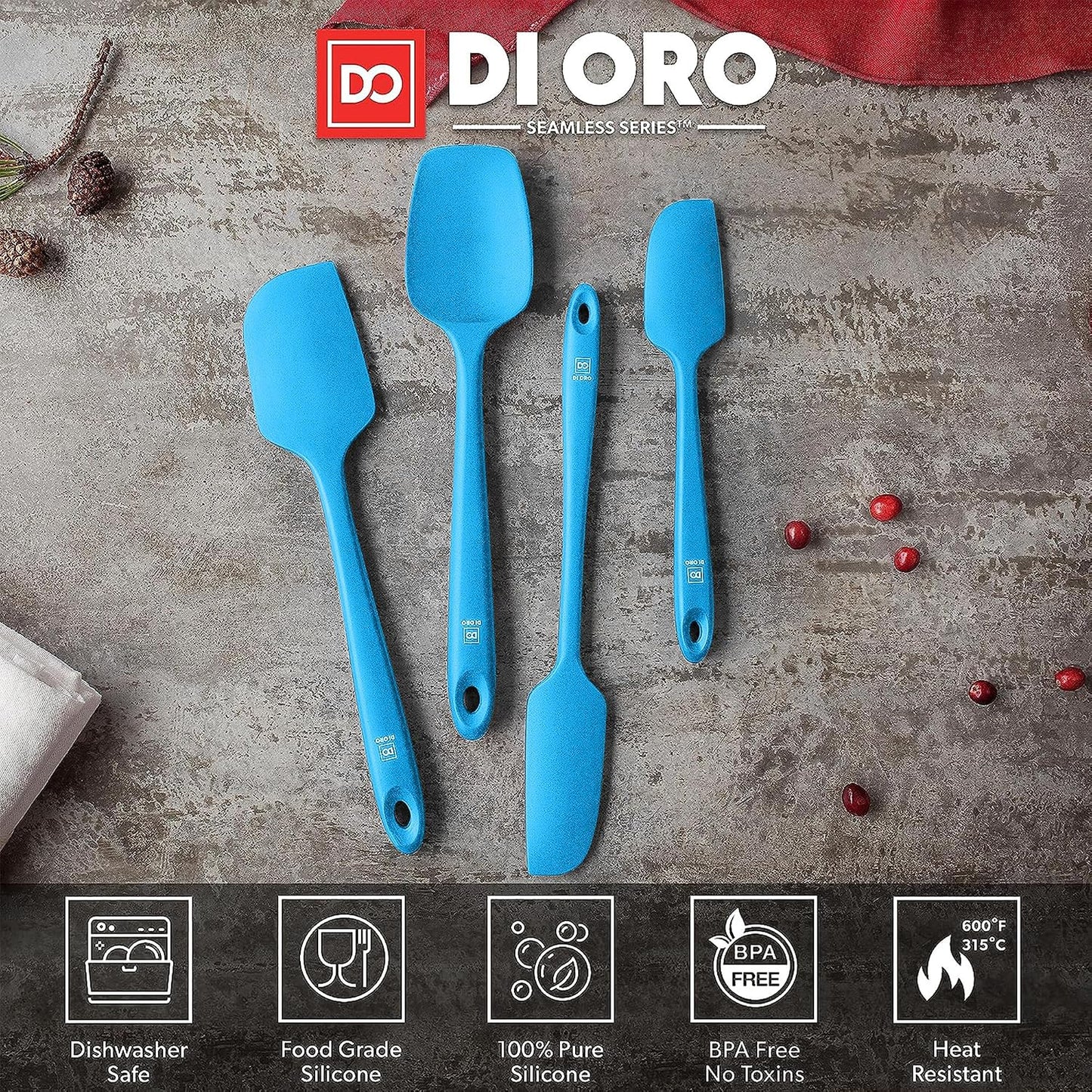 DI ORO Silicone Spatula Set - Rubber Kitchen Spatulas for Baking, Cooking, & Mixing - 600°F Heat-Resistant & BPA Free Silicone Scraper Spatulas for Nonstick Cookware - Dishwasher Safe (4pc, Black)